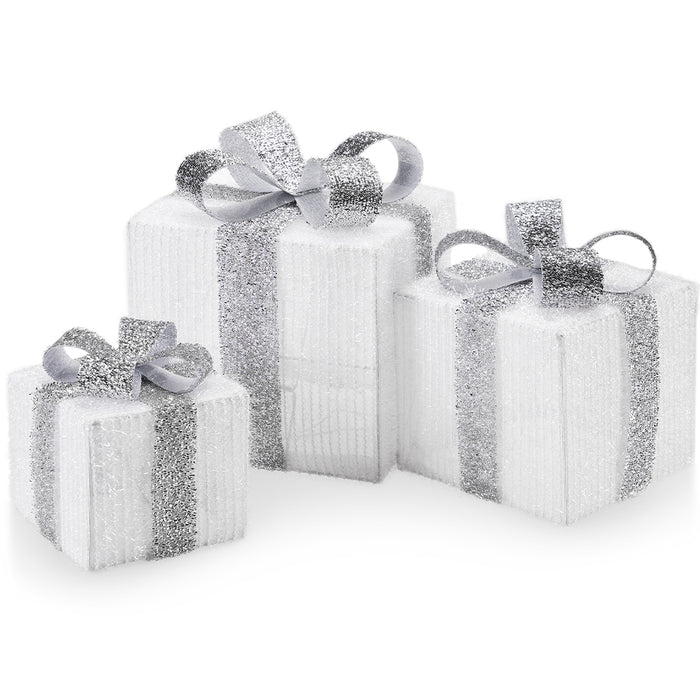 Set 3 Pacchetti Pacchi Regalo Luminosi Natale Bianco e Argento Interni e Esterni