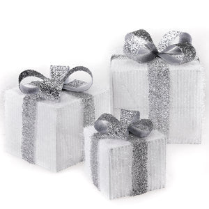 Set 3 Pacchetti Pacchi Regalo Luminosi Natale Bianco e Argento Interni e Esterni