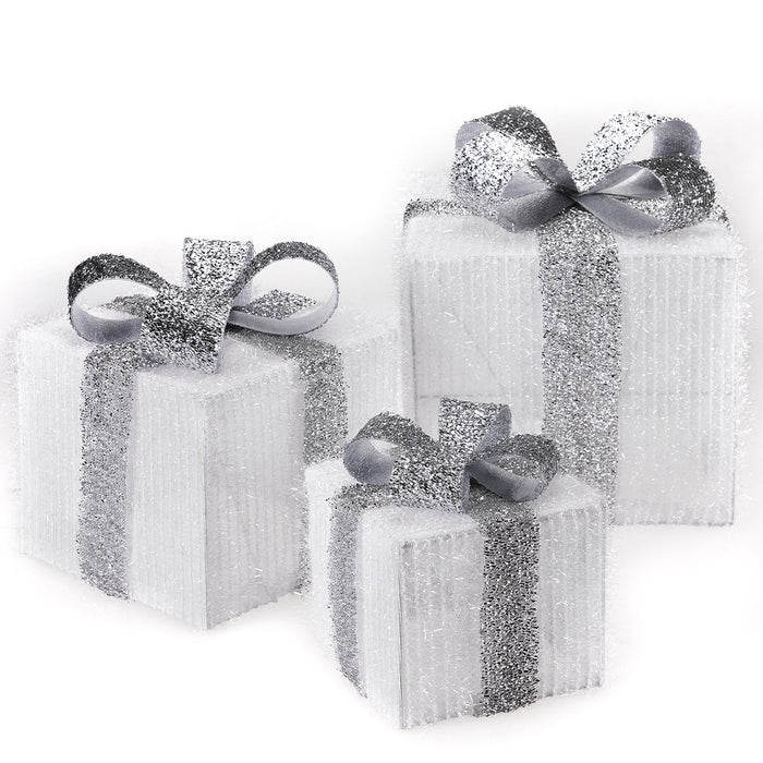 Set 3 Pacchetti Pacchi Regalo Luminosi Natale Bianco e Argento Interni e Esterni