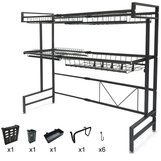 Scolapiatti da Cucina Allungabile Metallo Nero 2 Ripiani Salvaspazio e Accessori