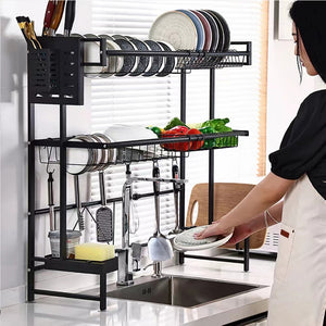 Scolapiatti da Cucina Allungabile Metallo Nero 2 Ripiani Salvaspazio e Accessori