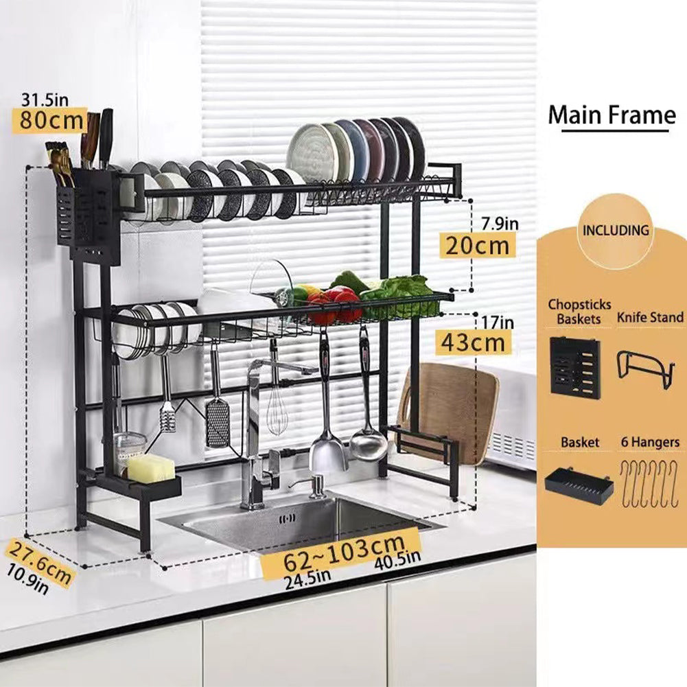 Scolapiatti da Cucina Allungabile Metallo Nero 2 Ripiani Salvaspazio e Accessori