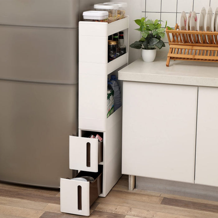 Carrello Cucina Slim Salvaspazio con ruote 3 Ripiani 2 Cassetti Mobiletto Bianco