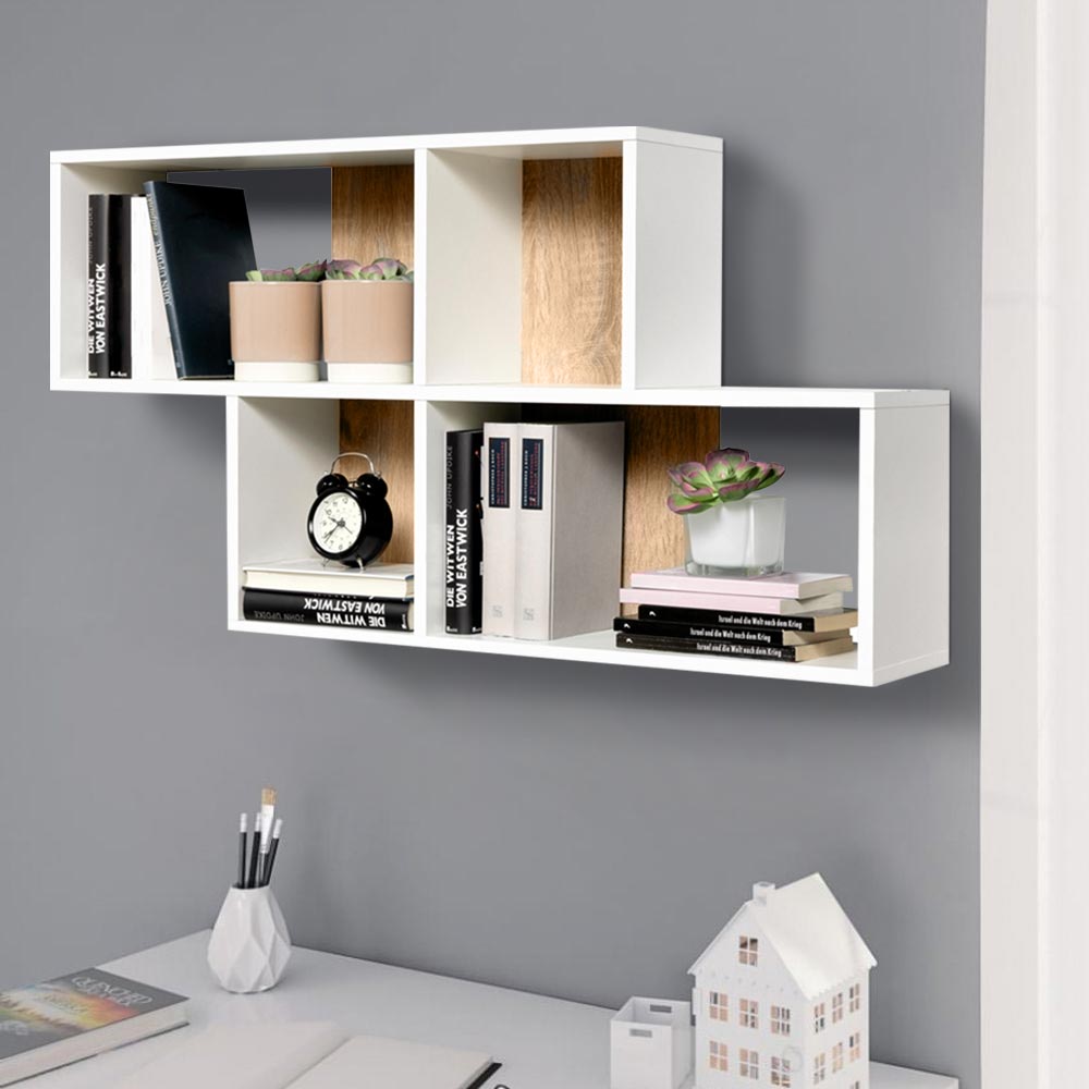 Libreria Scaffale Parete 4 Mensole Ripiani Design Moderno Legno Quercia Bianco