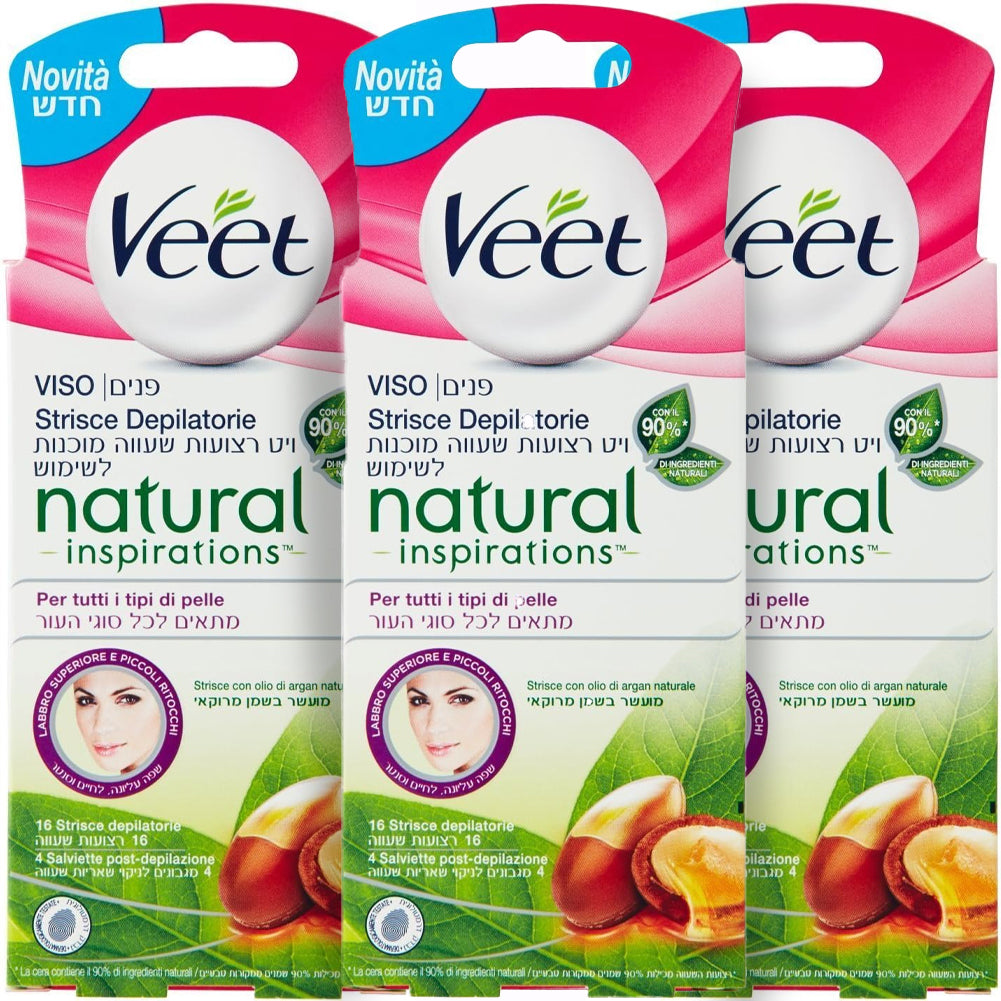 3 x Veet Strisce Depilatorie Viso Natural Inspirations Argan Oil 16 Strice