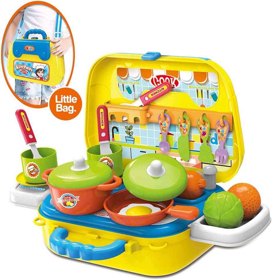 Valigetta Cucina Giocattolo Bambini con Fornello 20 Accessori Gioco e Tracolla