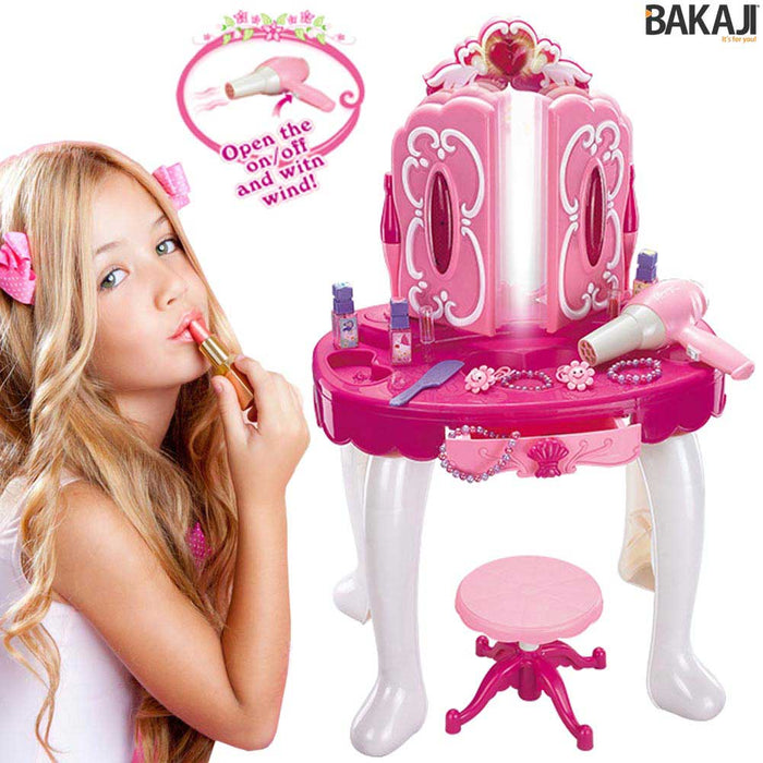 Specchiera Make Up Per Bambina Con Luci Suoni Asciugacapelli Reale E Sgabello