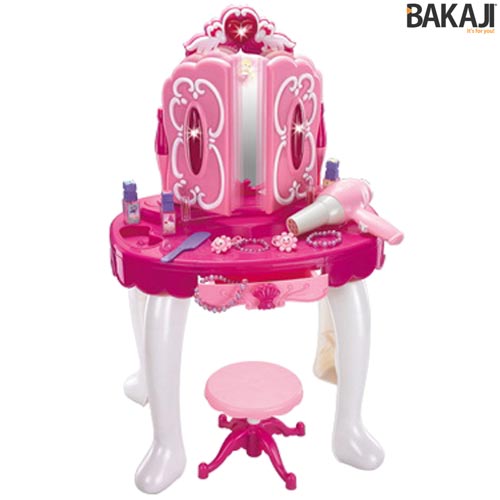 Specchiera Make Up Per Bambina Con Luci Suoni Asciugacapelli Reale E Sgabello