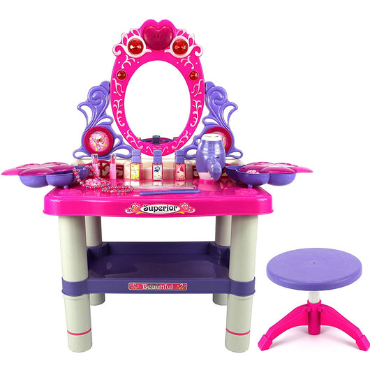 Specchiera Make-Up Giocattolo Bambina con Sgabello Luci Suoni e Accessori Gioco