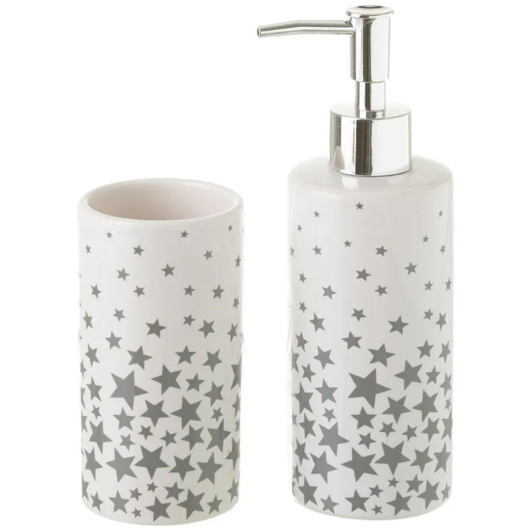 Set Accessori Bagno 2Pz Ceramica Dispenser Sapone Porta bicchieri Stelle Grigio