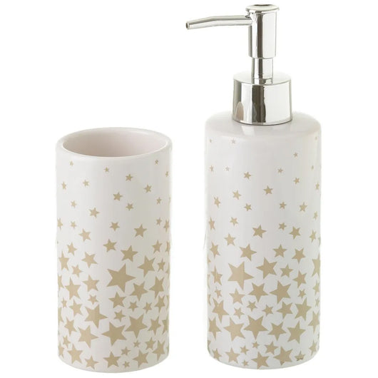 Set Accessori Bagno 2Pz Ceramica Dispenser Sapone Porta bicchieri Stelle Beige