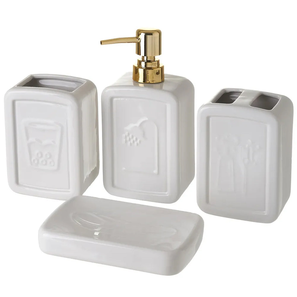 Set 4 Pezzi da Bagno Ceramica Dispenser Porta Spazzolini Bicchiere e Portasapone