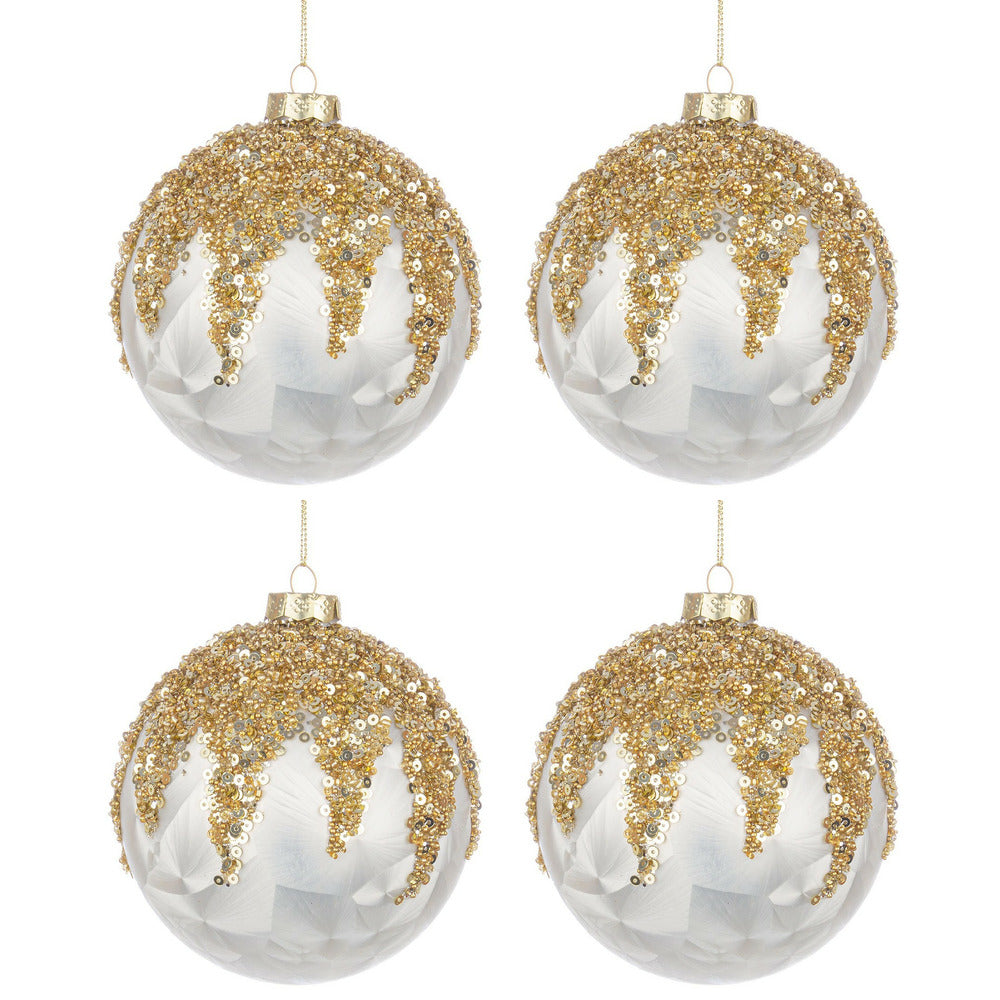 Palline di Natale in Vetro Bianco Perla Paillettes Oro Prize Diametro: 100 mm