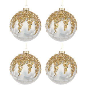 Palline di Natale in Vetro Bianco Perla Paillettes Oro Prize Diametro: 100 mm