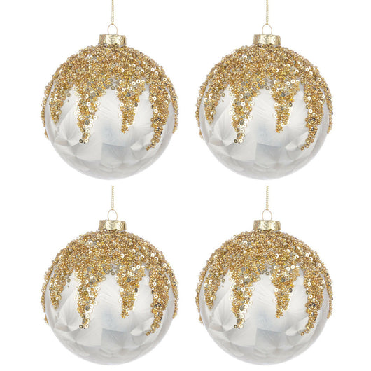 Palline di Natale in Vetro Bianco Perla Paillettes Oro Prize Diametro: 100 mm