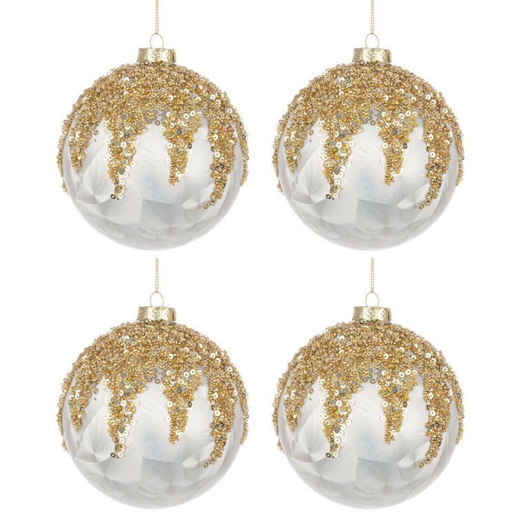 Palline di Natale in Vetro Bianco Perla Paillettes Oro Prize Diametro: 100 mm