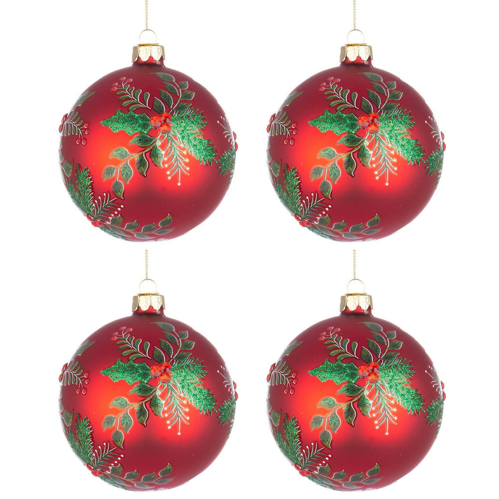 Palline di Natale in Vetro Rosse Pungitopo Swarovski Leafage Diametro: 100 mm