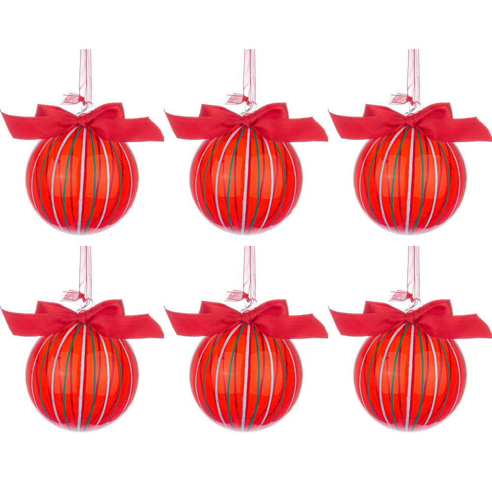 Palline di Natale in Vetro Rosse con Fiocco Stripe Diametro: 80 mm