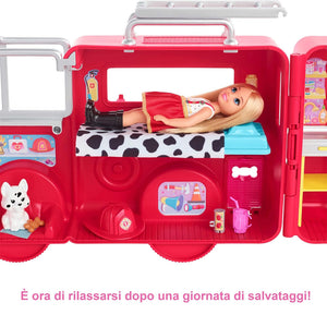 Barbie Chelsea Camion dei Pompieri Playset Bambola e Camion Pompieri Ripiegabile