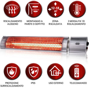 Stufa Alogena da Parete Esterno 2000Watt Riscaldatore Muro 3 Potenze Telecomando