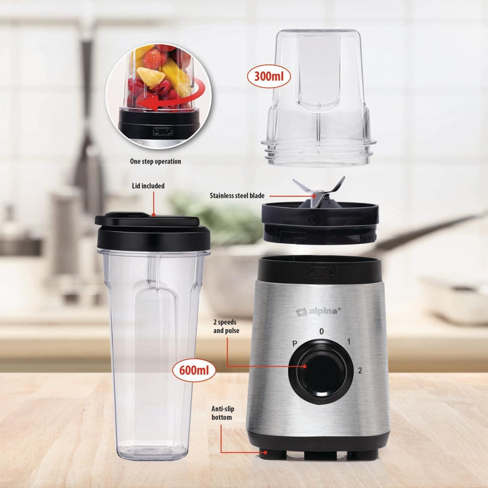 Frullatore Blender Smoothie Maker 300 W 2 Velocità Frullatutto in Acciaio Inox