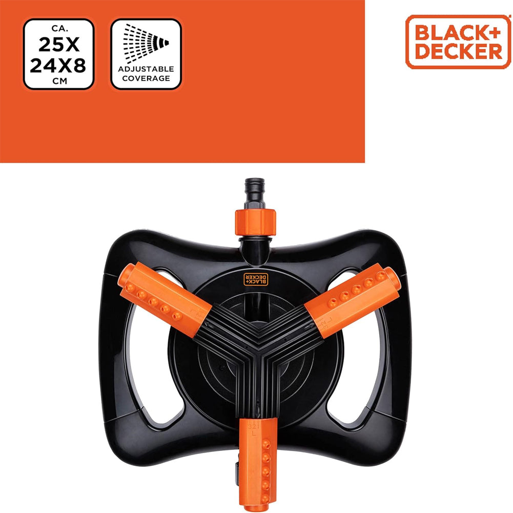 BLACK+DECKER Irrigatore per Prato Irrigazione Regolabile Giardino 3 Braccia 360°