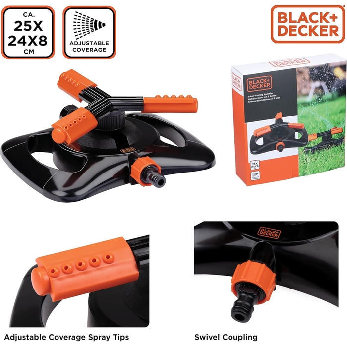 BLACK+DECKER Irrigatore per Prato Irrigazione Regolabile Giardino 3 Braccia 360°