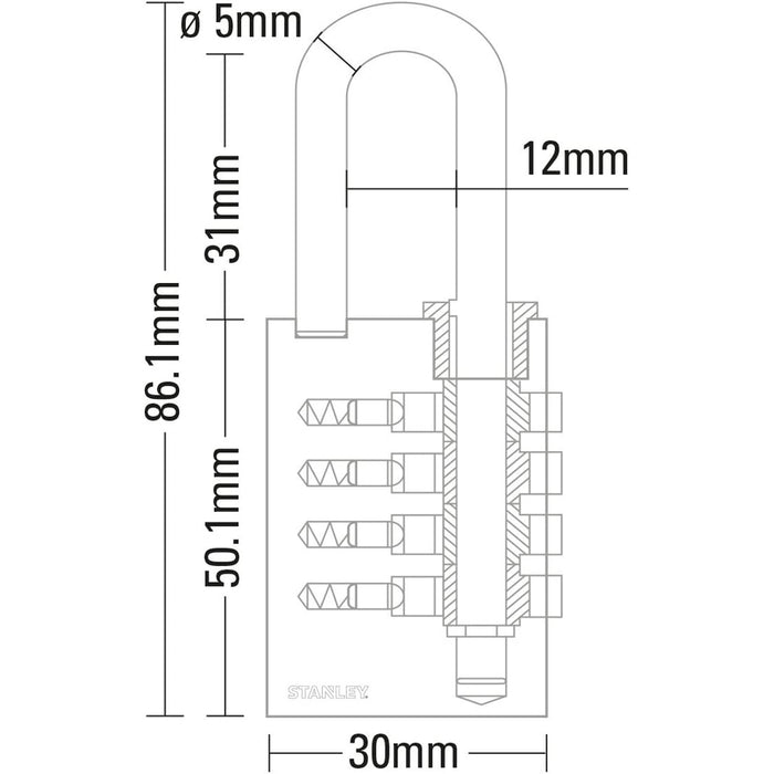 Stanley Lucchetto a Combinazione 30 mm a 4 Cifre in Ottone e Acciaio Cementato