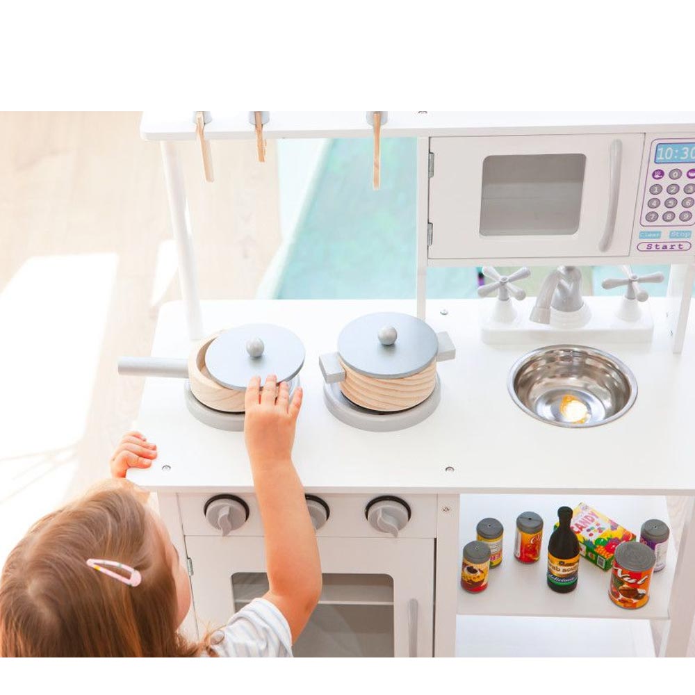 Cucina in legno Giocattolo Bambini con Pentole e Accessori Gioco Bianco 60x30x85