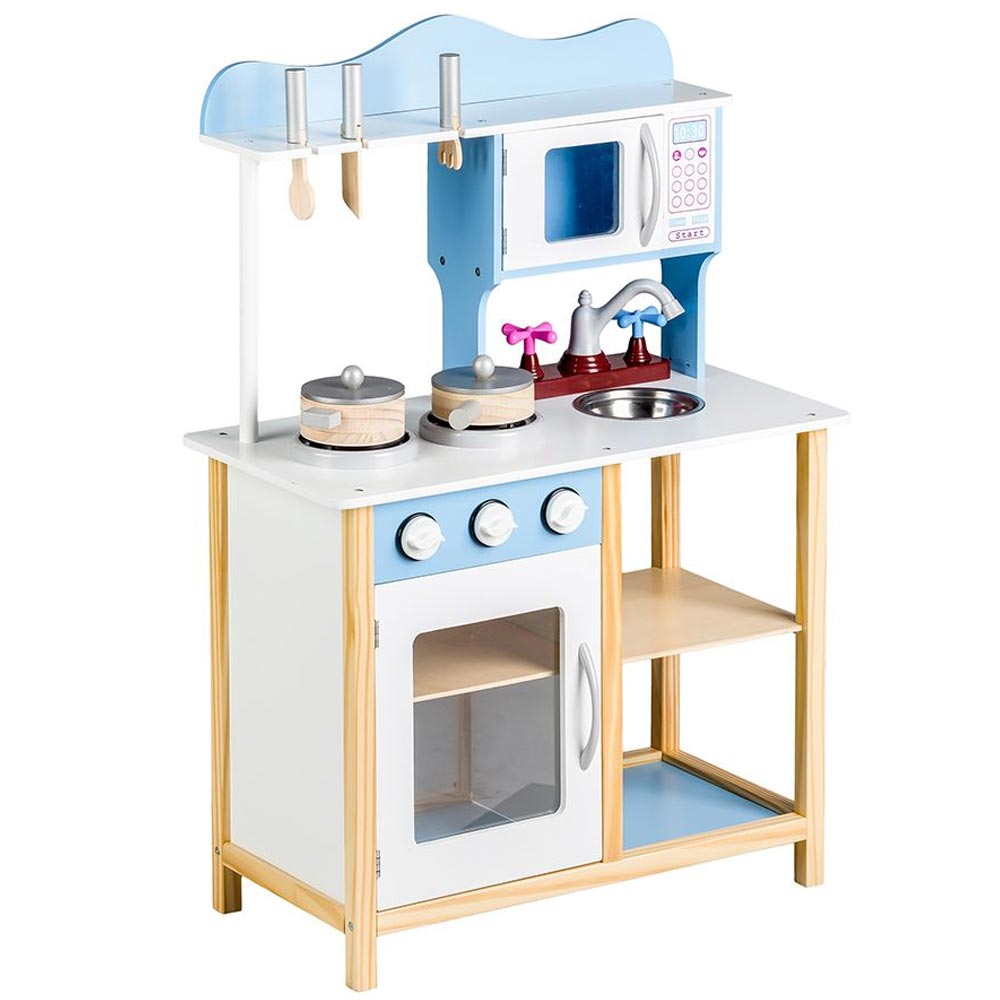 Cucina in legno Giocattolo Bambini con Pentole e Accessori Gioco Blu 60x30x85cm