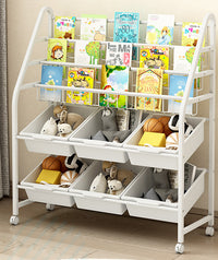 Scaffale Libreria per Bambini con 6 Scomparti 3 Ripiani Organizer Ferro 4 Ruote