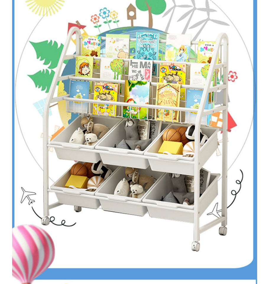 Scaffale Libreria per Bambini con 6 Scomparti 3 Ripiani Organizer Ferro 4 Ruote