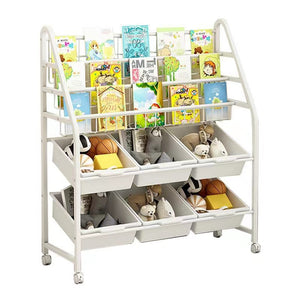 Scaffale Libreria per Bambini con 6 Scomparti 3 Ripiani Organizer Ferro 4 Ruote