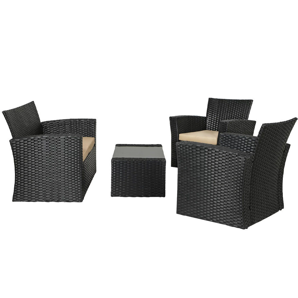 Set da Giardino Nero con 2 Poltrone + Tavolino Rattan + Divano da Esterno