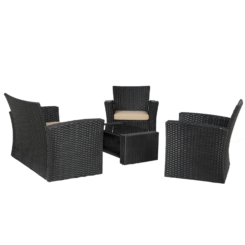 Set da Giardino Nero con 2 Poltrone + Tavolino Rattan + Divano da Esterno