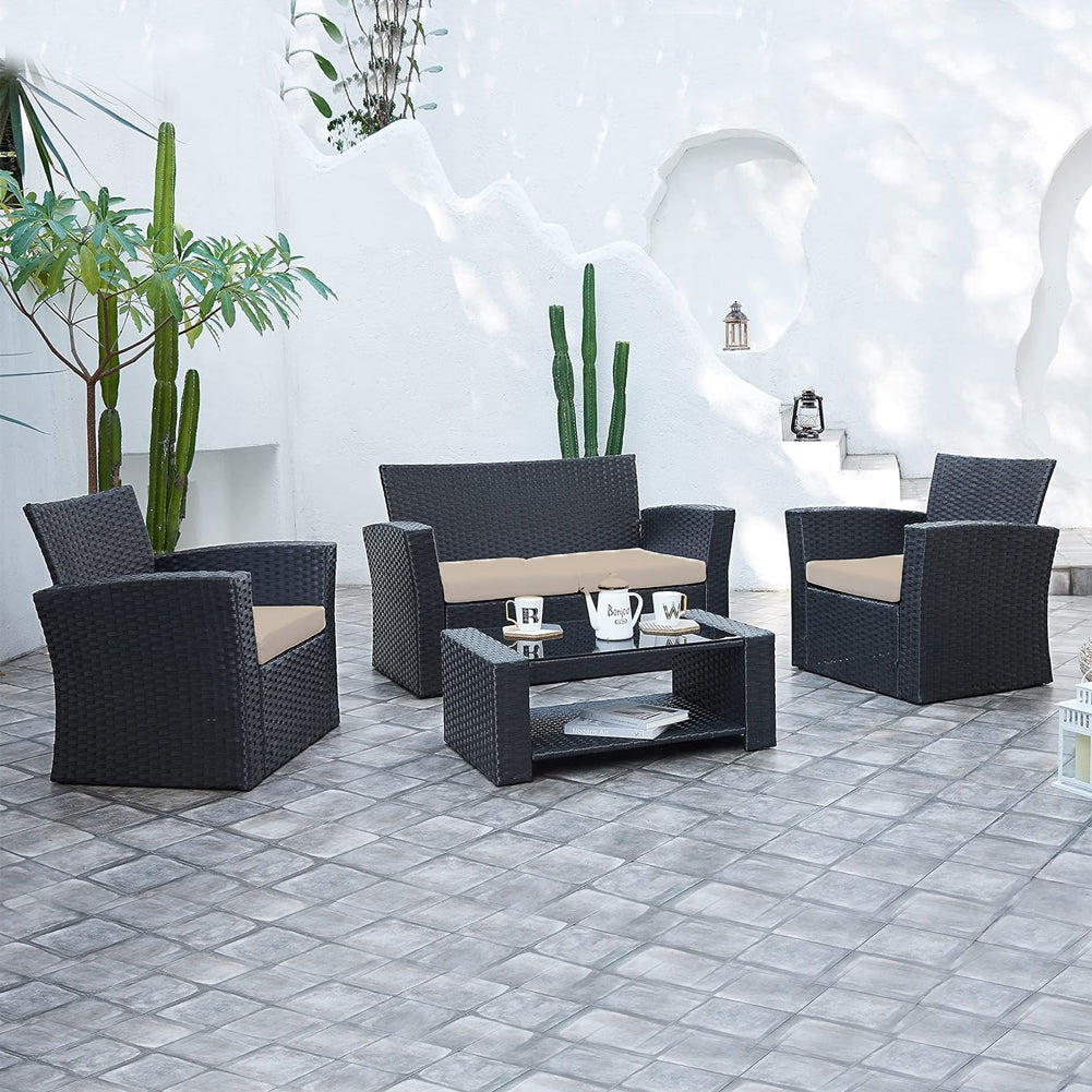 Set da Giardino Nero con 2 Poltrone + Tavolino Rattan + Divano da Esterno