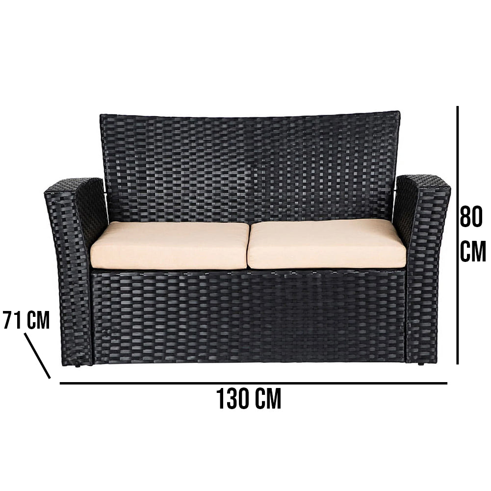 Set da Giardino Nero con 2 Poltrone + Tavolino Rattan + Divano da Esterno