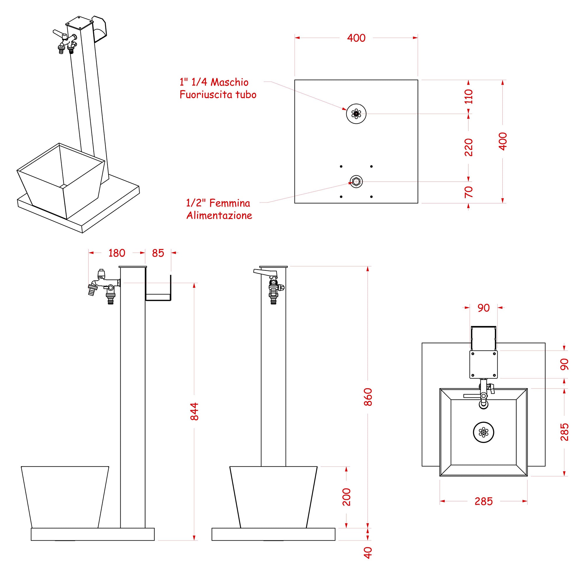 Fontana da Giardino con Rubinetto Base Vaschetta e Portagomma Belfer 42/QRRV Ruggine