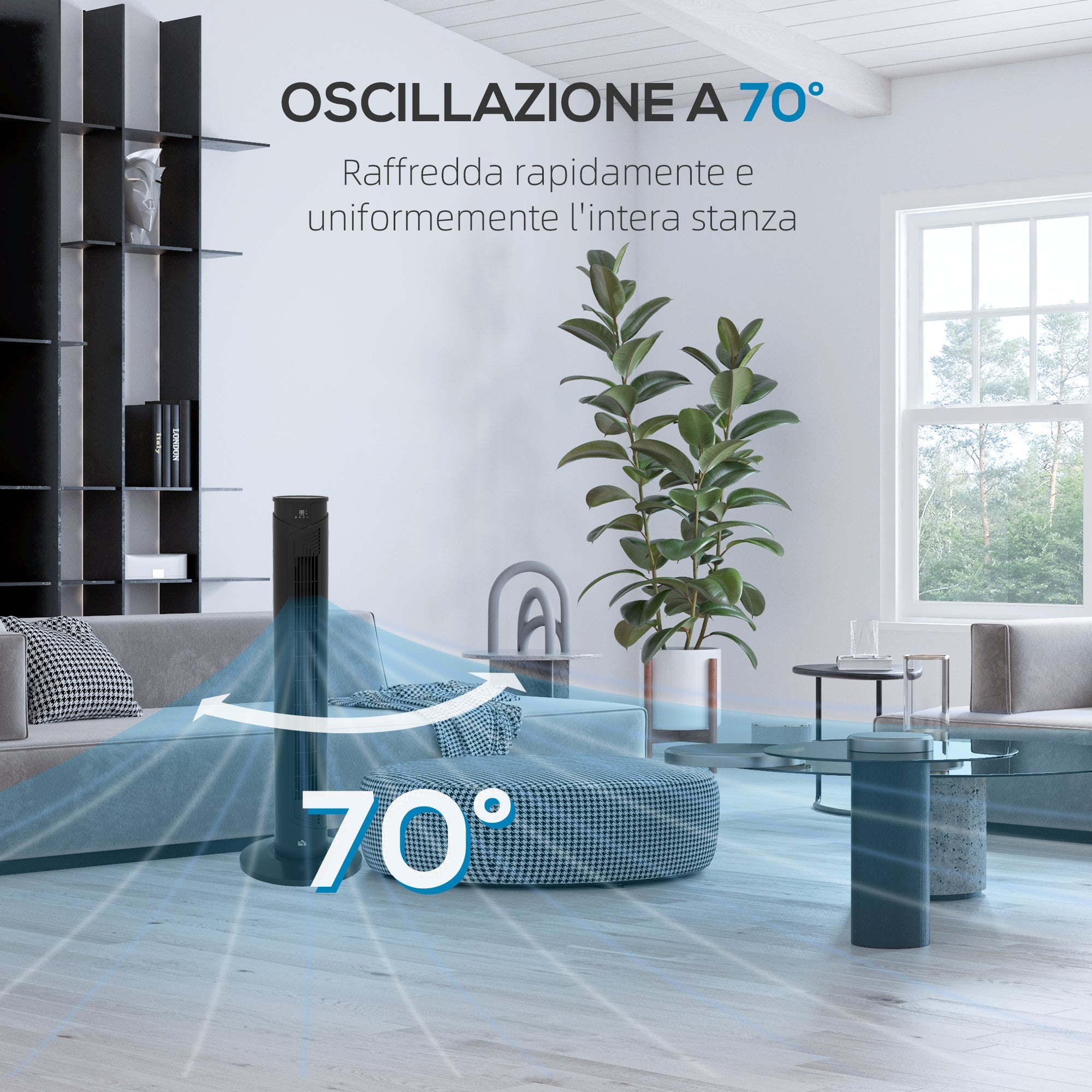 Ventilatore a Torre 45W a 4 Modalità e 3 Velocità con Timer da 12h Ø31.5x93 cm in ABS Nero