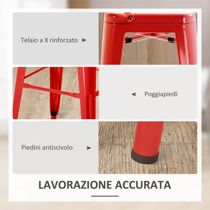 Set 2 Sgabelli da Bar Stile Industriale Schienale Rimovibile 44x49x116 cm in Metallo Rosso