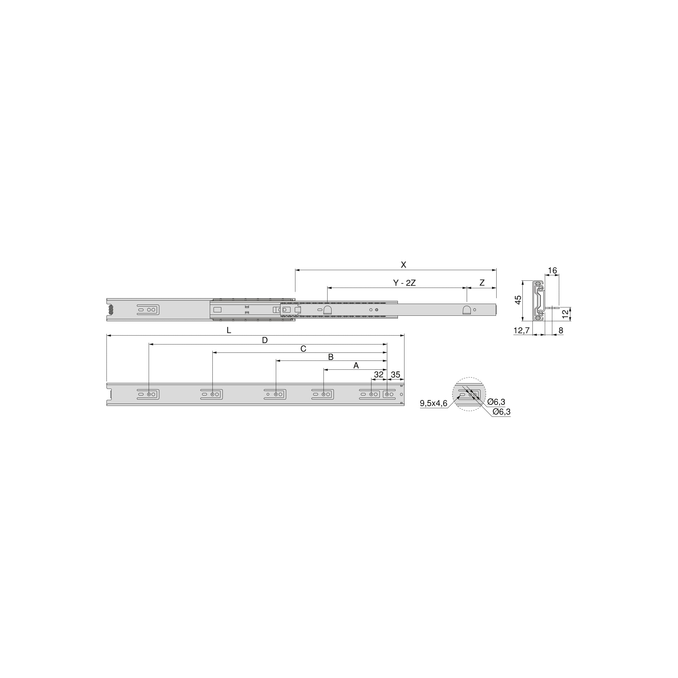 Emuca Guide a sfere per cassetti con estrazione totale con squadra, altezza 45 mm, 450, Zincato bianco, Acciaio