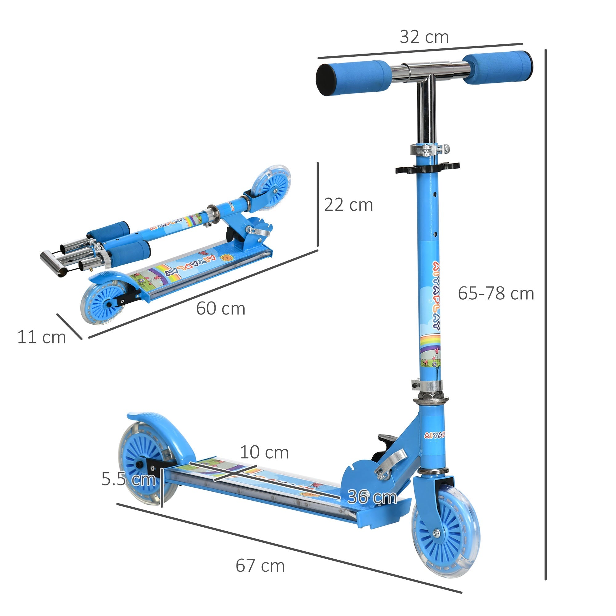 Monopattino Pieghevole per Bambini 2 Ruote Altezza Regolabile 65-78 cm Blu