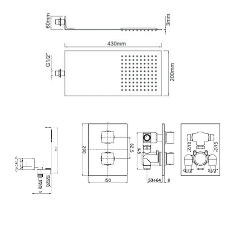 Set doccia Ares con soffione in acciaio ultraslim, miscelatore termostatico 2 vie e set duplex