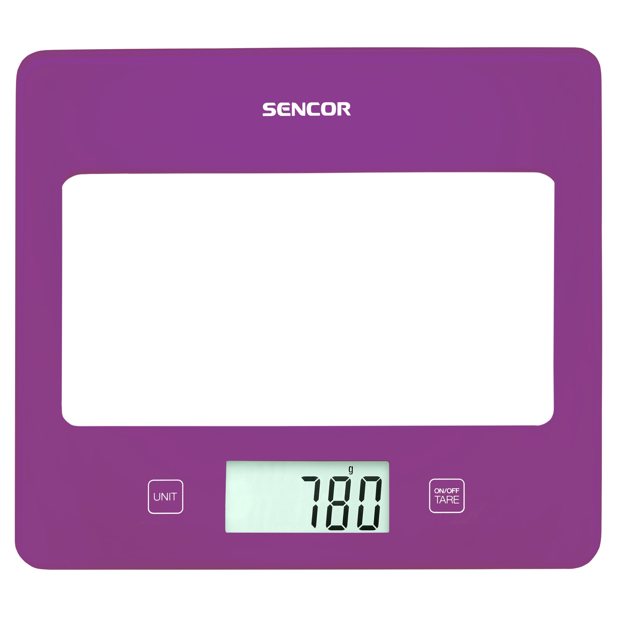 Bilancia da cucina viola Sencor design ultra slim (16mm) display LCD larghe dimensioni