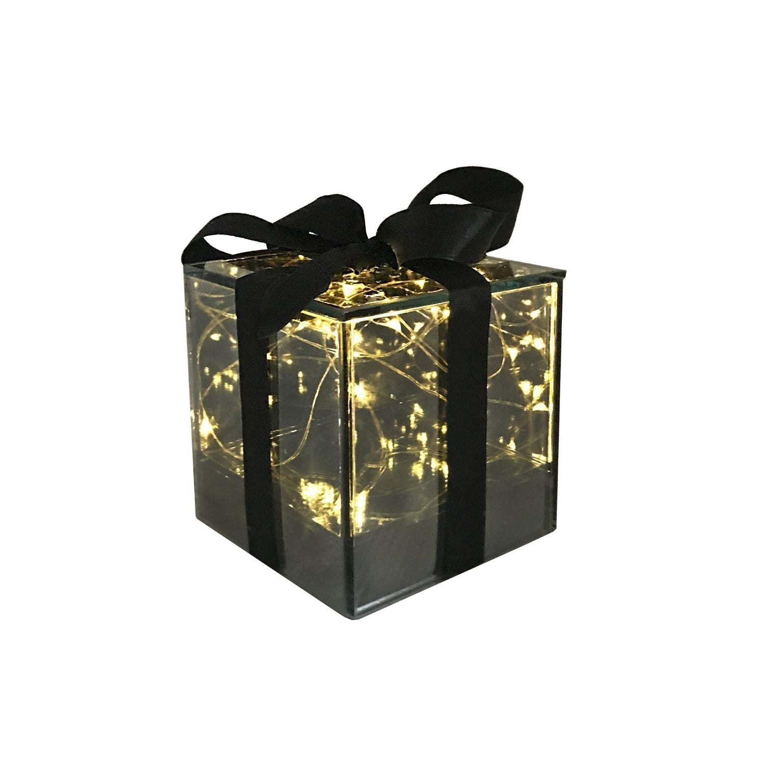 Pacco regalo decorativo con luci LED nero 10 cm.