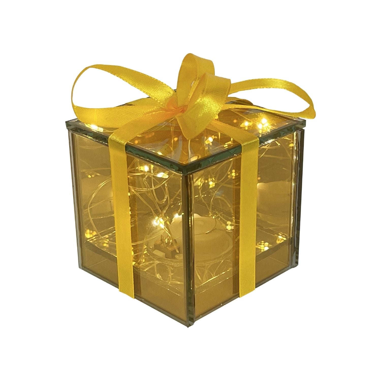 Pacco regalo decorativo con luci LED dorato 7 cm.