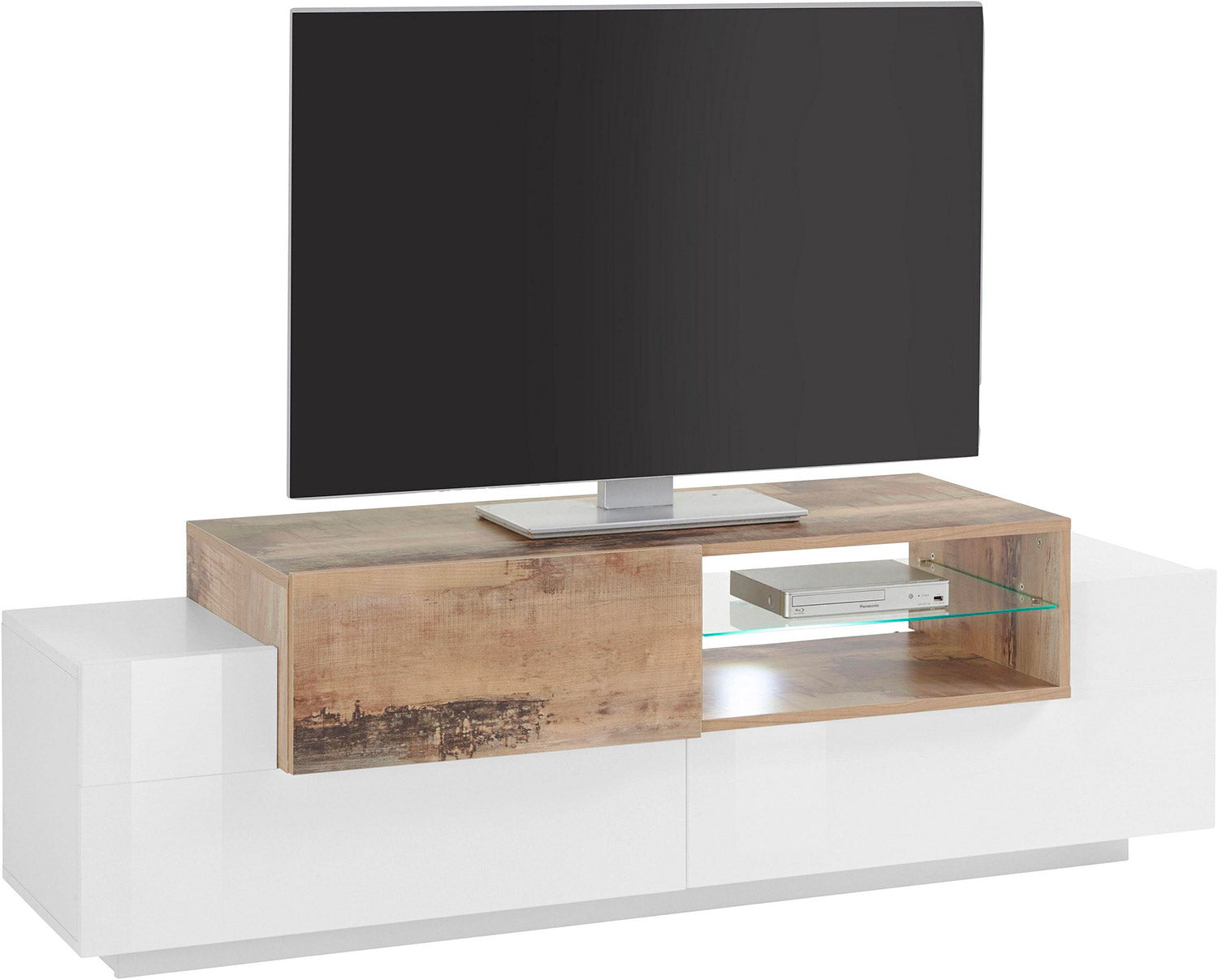 Mobile TV 3 Ante 160x40-45x51 cm New Coro Bianco Lucido e Acero Pereira