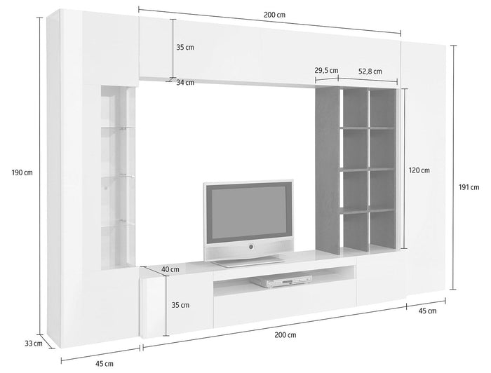 Parete Attrezzata Soggiorno 200x40x35 cm Egypt Bianco Lucido e Ardesia