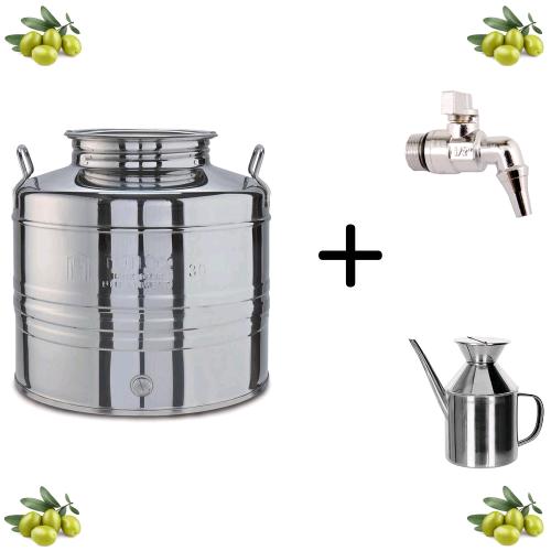 Contenitore Bidone Fusto In Acciaio Inox per Olio 15 Litri con Rubinetto e Oliera Inox in OMAGGIO