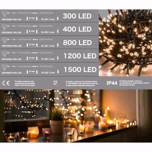 Serie Luci Natale 400 Micro Led Luce Calda Giochi Luce Filo 10 mt Uso Esterno D3316